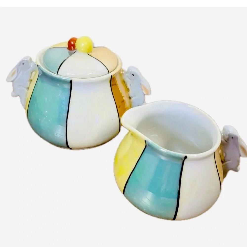 Vintage Japanese Lusterware Creamer & Sugar Wth Rabbit Handle Pastel/Harlequin